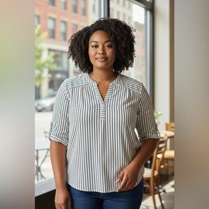 Torrid Harper georgette cream with vertical blue stripes, size 2